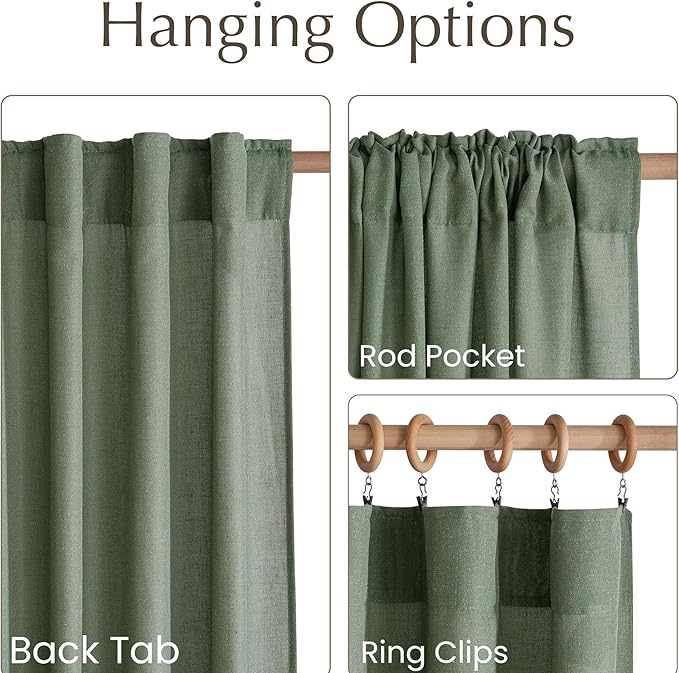 NICETOWN Flax Linen Forest Green Curtains for Large Windows, Rod Pocket & Back Tab Privacy with Light Filtering Linen Blend Window Treatments for Bedroom/Living Room, W55 x L108, Set of 2