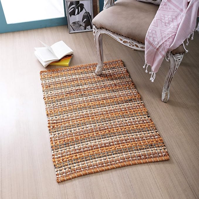 Cotton Hand Made Area Rug 2x3 Feet - Mustard, Reversible Farmhouse Woven Throw Indoor Floor Carpet Ideal for Entryway, Kitchen, Bedroom | Decorative Doorway Patio Décor Mat for Furniture Space