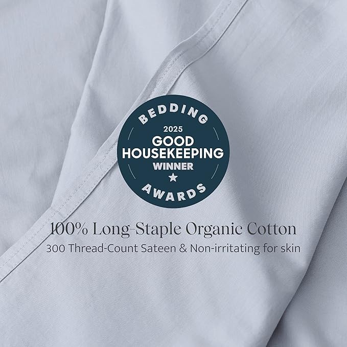Double Stitch 100% Organic Cotton Sheets, King Size Sheets Set, GOTS Certified Long Staple Cotton Bedsheets, Luxury & Soft Hotel Bed Sheets with 16 inches Deep Pocket, Made in India Light Blue