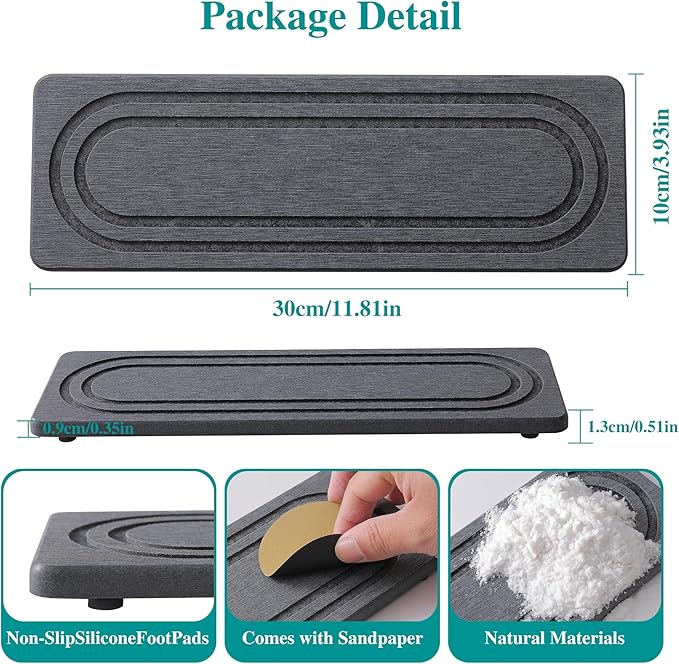 2PCS Water Absorbing Stone Tray for Sink, Quick Drying Diatomite Bathroom Tray Countertop, Stone Drying Mat for Kitchen Counter Faucet, Soap Dish Dispenser Vanity Organizer, Dark Gray-11.8" x 4"