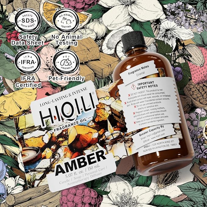 HIQILI Amber Fragrance Oil for Perfume Making - 5.07 Fl Oz / 150 ML | Add to Body Lotion, for Candle, Soap Making, Hotel Scents for Essential Oil Diffuser & Aromatherapy