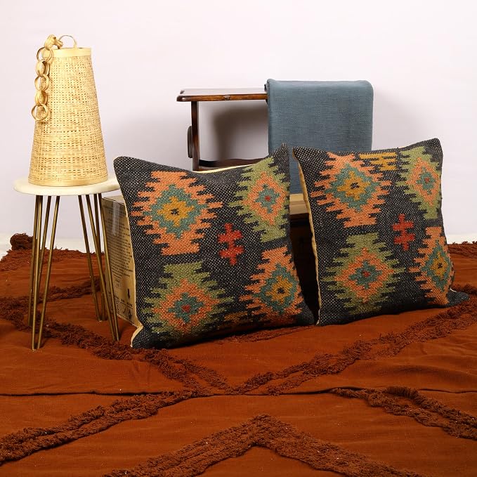 Trade Star 70% Jute 30% Wool Designer Cushion Cover Set of 2 Throw Pillow Covers Kilim Cushion Cover Handwoven Pillowcase Handloomed Rug Decorative Cushion Cases 18x18 Inches (Kilim 14)