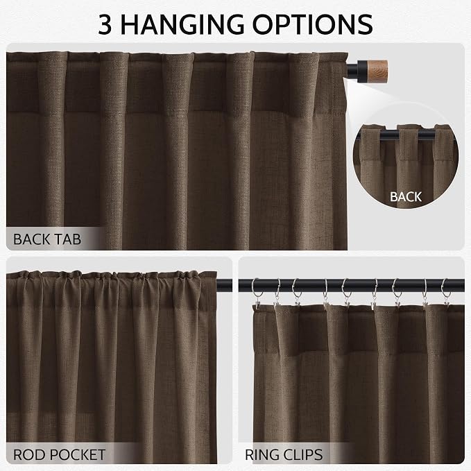 Nanspring Chocolate Linen Blend Light Filtering Back Tab Curtains 108 Inches Long, Semi Sheer Privacy Drapes for Living Room & Bedroom, 52x108 inch, 2 Panels