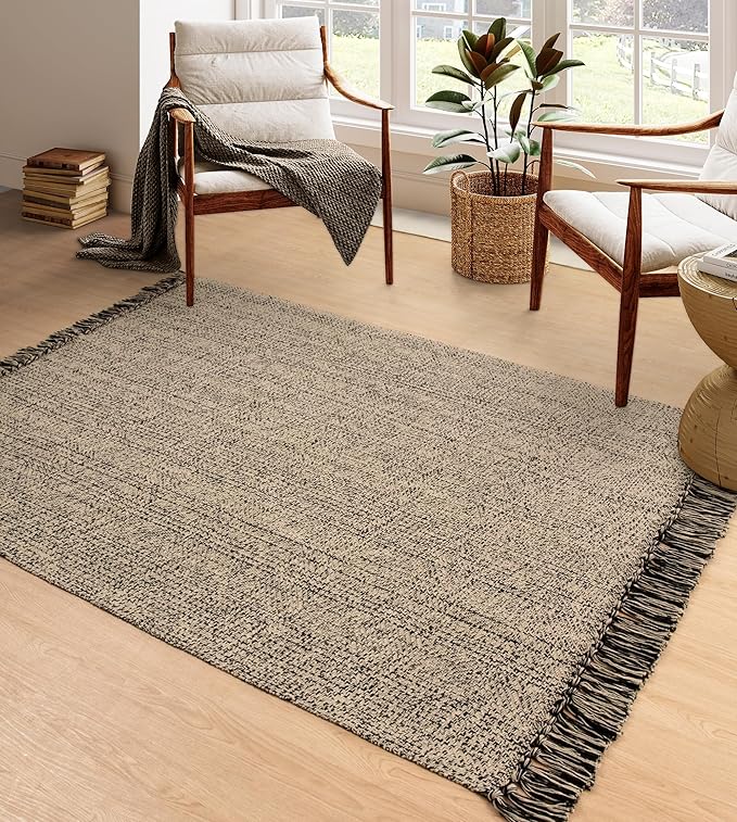 Collive 4x6 Area Rug, Natural/Black Woven Cotton Washable Modern Bedroom Rugs, Boho Dining Room Door Rug Carpet with Tassel for Living Room Nursery Room Office, Outdoor Rug for Patio Hallway Decor