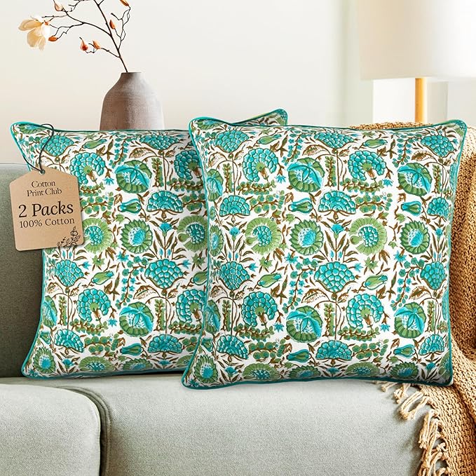 CPC Aqua Green Floral Printed Throw Square Cushion Covers - 18x18 Inch 100% Cotton Washable Decorative Couch Pillows Covers for Living Room Bed Sofa and Outdoors Spring, Summer Gifts