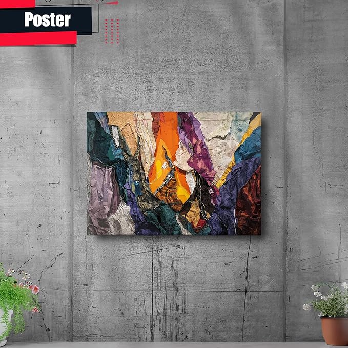 Print artistic nicely depicts a wild mountains, many pieces of fabric and torn paper of different textures and colors, Minimalist Wall Art, Arts