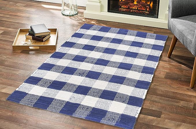 GLAMBURG Cotton Buffalo Check Plaid Washable, Handwoven Checkered Welcome Door Mat 18x30 for Kitchen Bathroom Outdoor Porch Laundry Living Room, Farmhouse Reversible Rag Rug Blue White