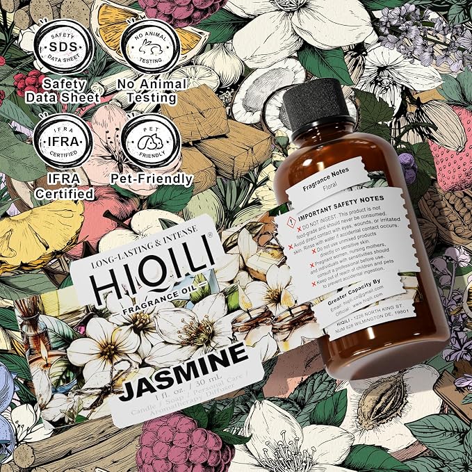 HIQILI Jasmine Fragrance Oil for Women Perfume Making, Skin Care - 1 Fl Oz | Suitable for Aromatherapy Diffuser, Long-Lasting Floral Scent, DIY Candle & Soap, Laundry Essential Oil