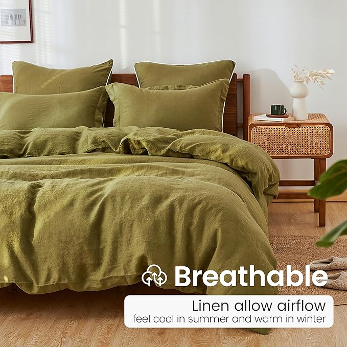 100% French Linen Pillow Shams Basic Style - Pack of 2 - Washed Solid Color Natural Flax Soft Breathable - Olive, 20'' x 26''