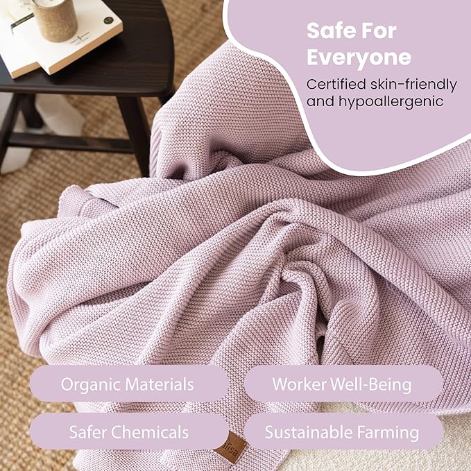 Dalisa 100% Organic Turkish Cotton Throw Blanket - GOTS Certified, Cozy - Perfect for Couch, Bed, and Home Decor - Boho Vintage Knit Alina (Lavender Frost, 50x60)