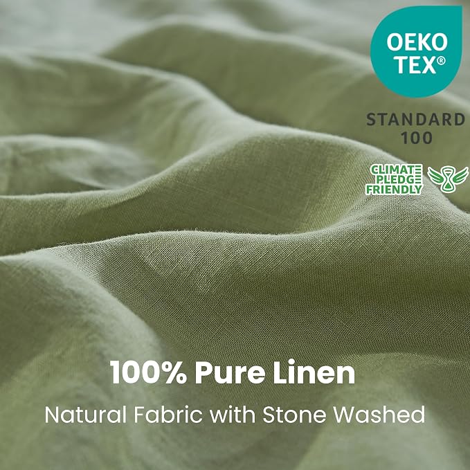 Simple&Opulence 100% Linen Duvet Cover Set 2pcs with Coconut Button Closure Natural French Washed Flax Solid Color Soft Breathable Farmhouse Bedding - Sage Green, Twin Size