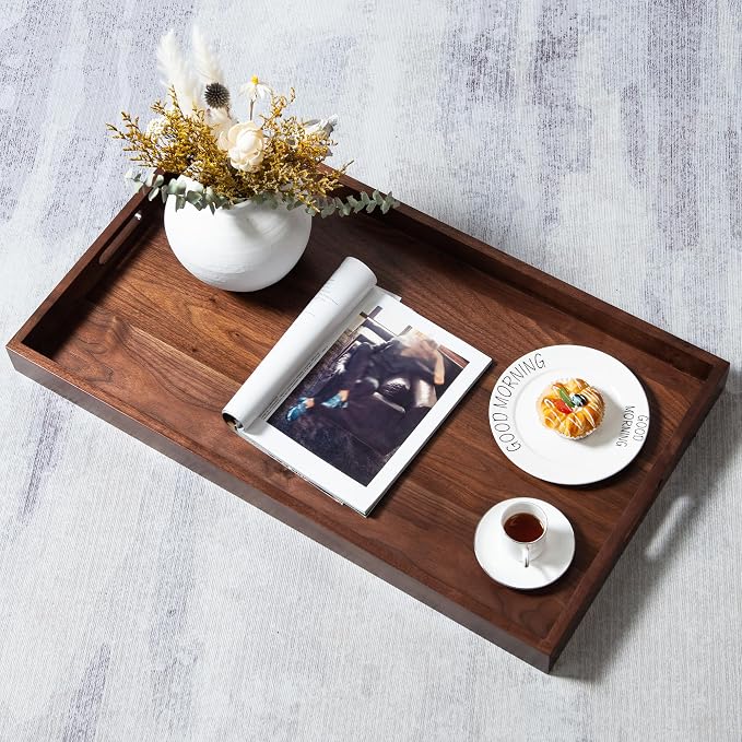 32"x18" Wooden Ottoman Tray with Handle FSC Natural Handmade Rectangle Black Walnut Serving Tray Vintage Decorative Platters for Oversized Ottoman Kitchen