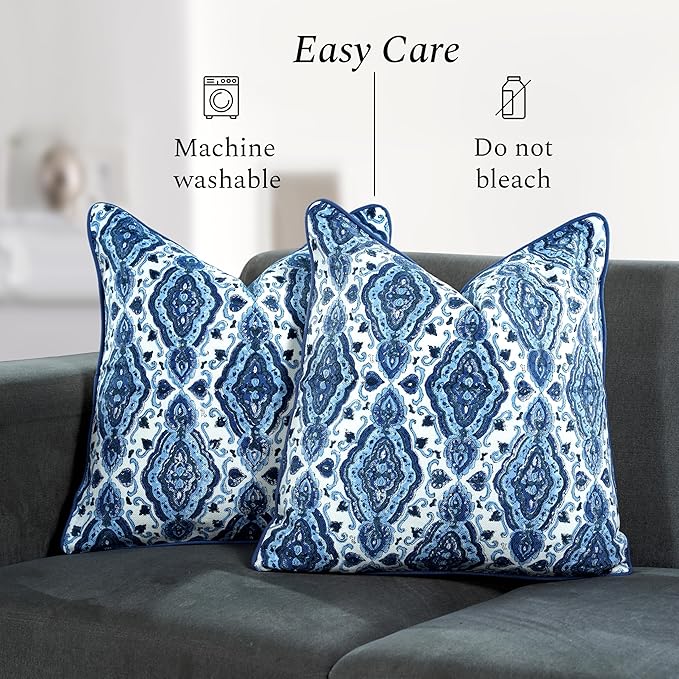 CPC Sea Blue Block Print Throw Cushion Cover 18 x 18 Inch Set 2 - Decorative Boho Floral Pillow Case for Living Room, Bed, Sofa, Couch, Home Decor Cushion Cover Gift for Spring, Mother's Day