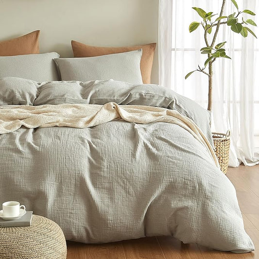 SE SOFTEXLY Muslin Duvet Cover Twin Size, 100% Washed Cotton Duvet Cover Set, Ultra Soft Comforter Cover Linen Like, 2 Pieces Minimalist Gauze Duvet Cover with 1 Pillowcase, 68"x90", Smoky-Green