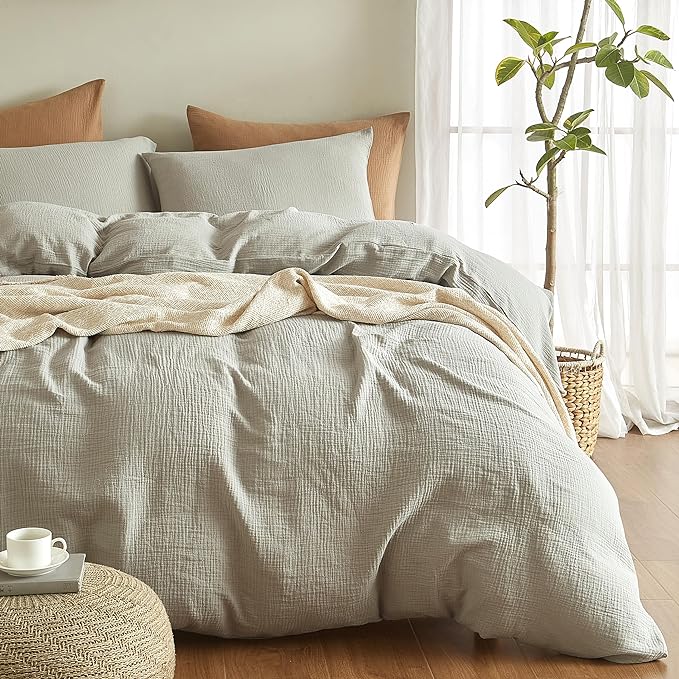 SE SOFTEXLY Muslin Duvet Cover California King Size, 100% Washed Cotton Duvet Cover Set, Ultra Soft Comforter Cover Linen Like, 3 Pieces Gauze Duvet Cover with 2 Pillowcases, 98"x104", Smoky-Green