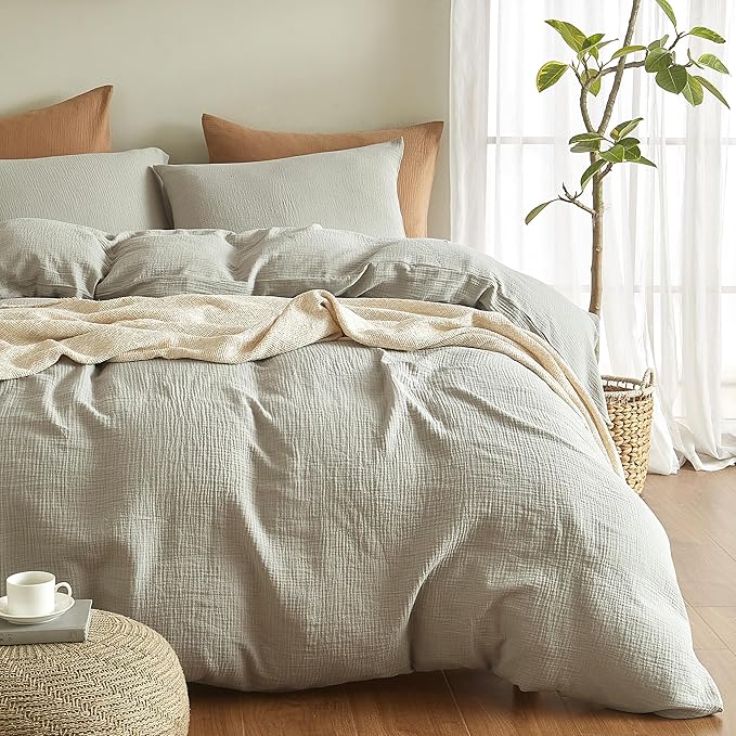 SE SOFTEXLY Muslin Duvet Cover Oversized King Size, 100% Washed Cotton Duvet Cover Set, Ultra Soft Comforter Cover Linen Like, 3 Pieces Gauze Duvet Cover with 2 Pillowcases, 98"x120", Smoky-Green