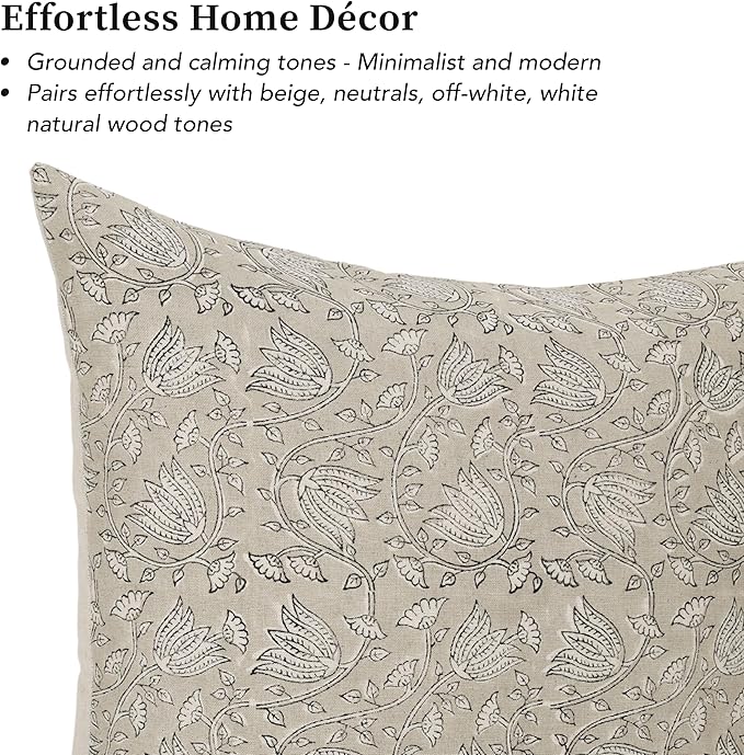 Hand-Block Printed, Artisan-Made Neutral Accent Throw Pillow Covers- 100% Cotton Cushion for Sofa, Bed, Chair, Home Decor, Boho, Indoor - Sansa (Beige, 20" x 20" (Pack of 2))