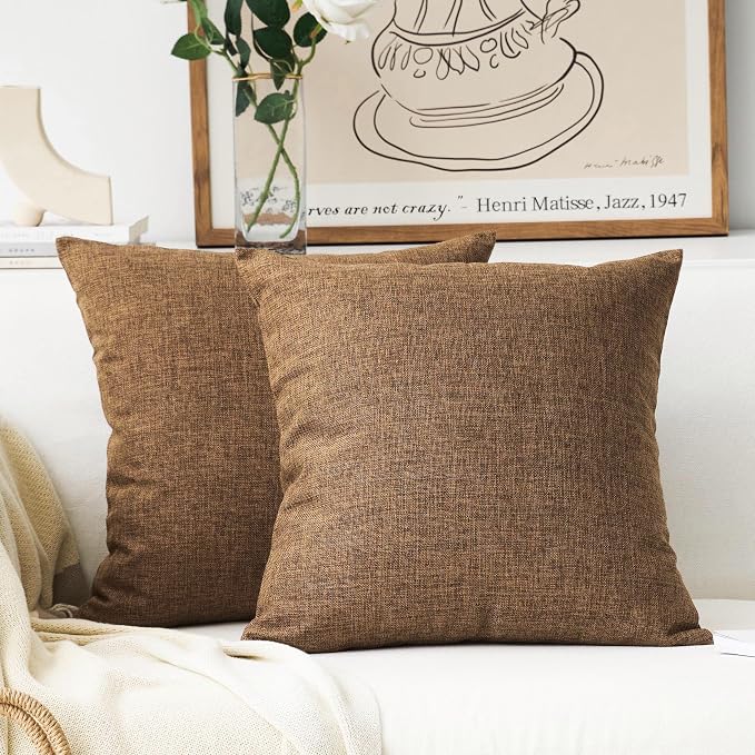 Home Brilliant Set of 2 Euro Shams 24x24 Throw Pillow Covers Decoration Solid Linen Euro Pillowcases Large Cushion Covers for Living Room, 24x24 inch, Brown