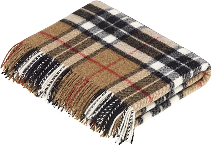 Moon Wool Plaid Throw Blanket, Merino Labmswool, Camel Thompson Tartan, Made in UK