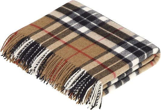 Moon Wool Plaid Throw Blanket, Merino Labmswool, Camel Thompson Tartan, Made in UK