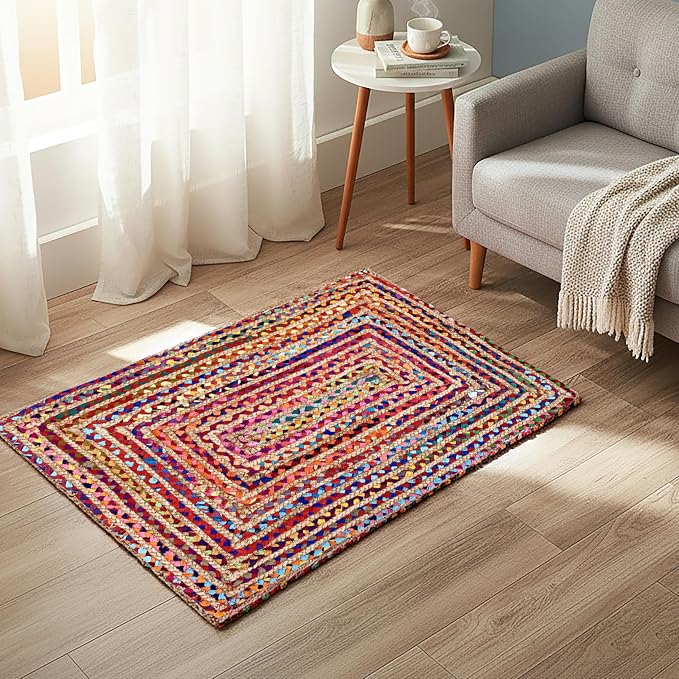 THE BEER VALLEY Jute Cotton Braided Rug 2x3 Feet - Multi | Farmhouse Handwoven Boho Indoor/Outdoor Floor Rugs for Entryway, Kitchen, Nursery - Reversible Small Door Mat for Home Décor