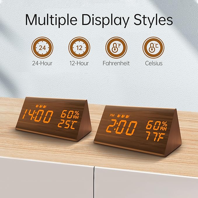 JALL Wooden Digital Alarm Clock for Bedroom, 3 Alarms with Large Numbers, Humidity and Temperature Display, 6-Level Dimmer, Snooze, Loud Desk Clock for Heavy Sleepers, Plug in (Brown)