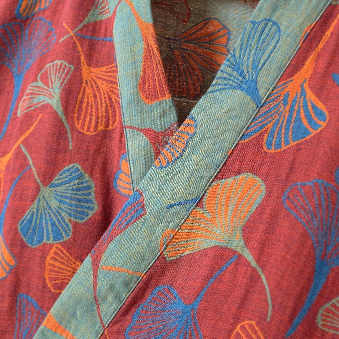 100% Cotton Gauze Ginkgo Leaf Kimono Robe, Long Knit Loose Bathrobe Nightgown Ladies Loungewear Sleepwear for Women