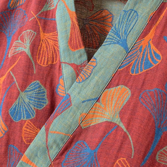 100% Cotton Gauze Ginkgo Leaf Kimono Robe, Long Knit Loose Bathrobe Nightgown Ladies Loungewear Sleepwear for Women