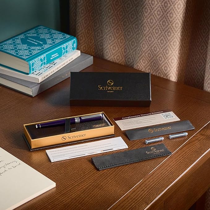 Scriveiner Luxury Fountain Pen - Aubergine, Schmidt Gilded Nib (Fine), Converter, Best Pen Gift Set for Men & Women, Professional, Executive, Office, Nice Pens