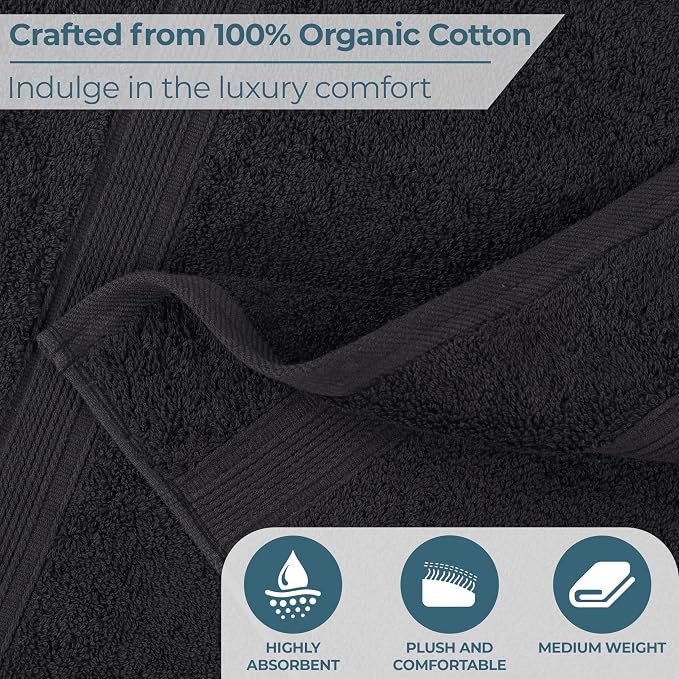 Superior 100% Organic Cotton 3-Piece Towel Set, Includes 1 Bath Towel, 1 Hand Towel, 1 Face Towel/Washcloth, Daily Use, Bathroom, Guest Bath, Absorbent, Home Essentials, Oregon Collection, Black