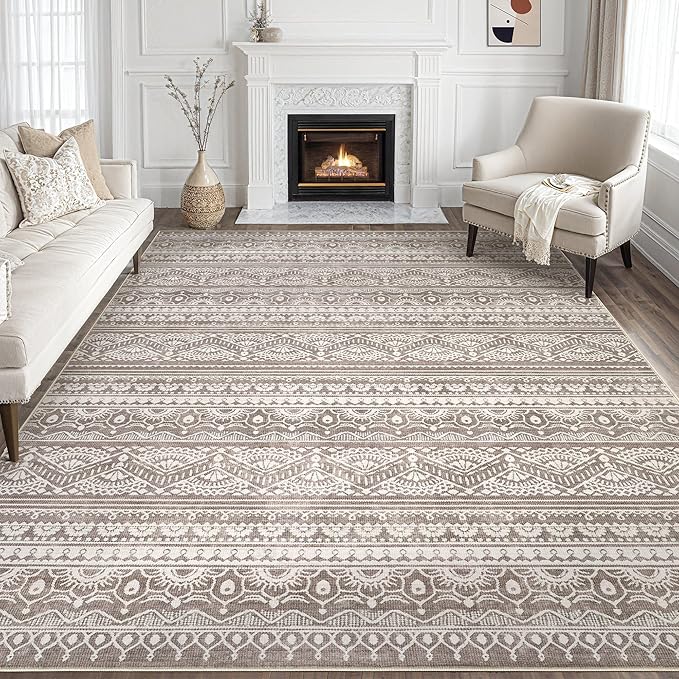 Tortania Area Rug Living Room Rugs - 10x12 Washable Large Soft Neutral Boho Moroccan Bohemian Farmhouse Rug Indoor Floor Carpet for Bedroom Under Dining Table Home Office Decor - Dark Brown