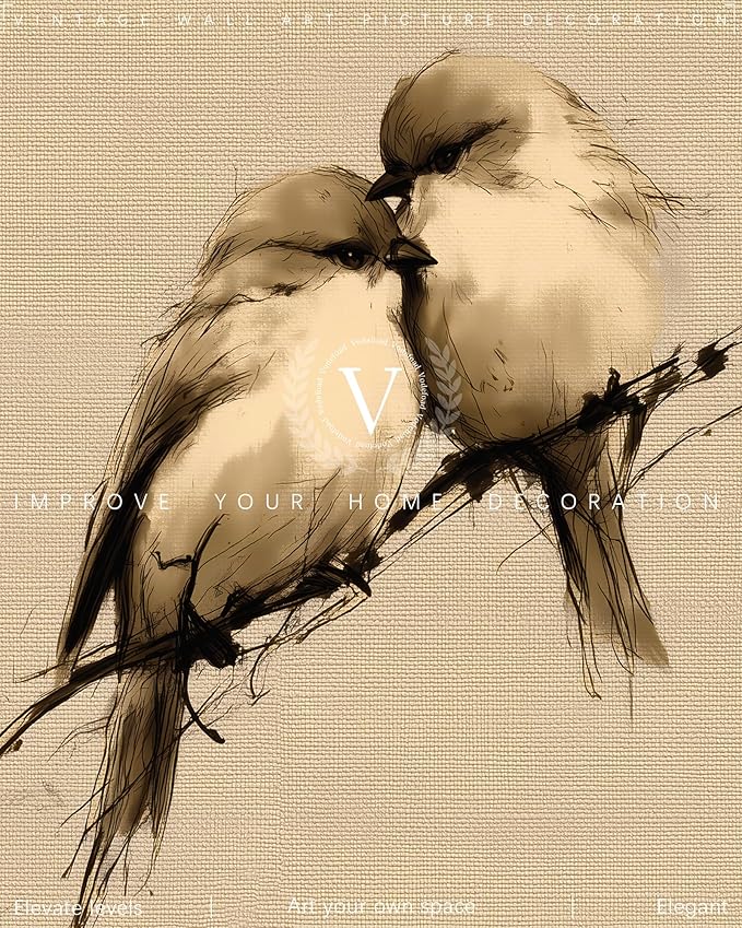 Vodefoad Vintage Love Birds Sketch Wall Art, Neutral Romantic Art, Cottage Valentine Spring Bird Canvas Painting, Romantic Country Style Interior Design Wall Decor for Bedrooms, Nurseries, Gallery, Bathroom - 8x10Inch Unframe