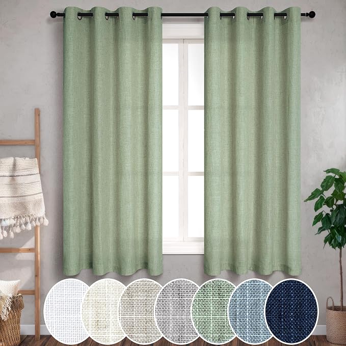 Light Sage Curtains 63 Inch Length for Bedroom Kitchen Living Room 2 Panels Set Grommet Eyelet Burlap Bohemian Light Filtering Semi Sheer Olive Sage Green Curtains for Kids Room Baby Boys 52x63 Long