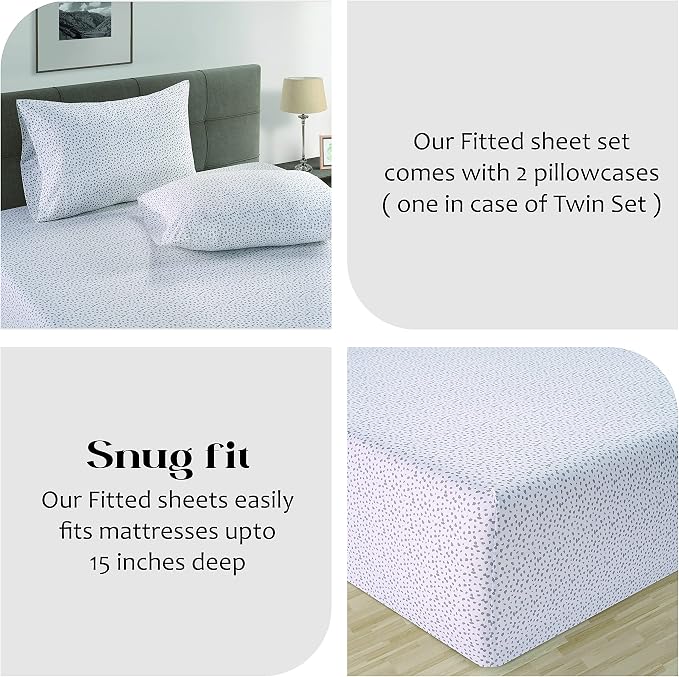 LANE LINEN Queen Fitted Sheet, 100% Organic Cotton Fitted Bed Sheets, 3 Pc Set(1 Fitted Sheet,2 Pillowcases) Percale Weave, Breathable, Fits Mattress Upto 15" Deep - White(Grey Dot)(No Flat Sheet)