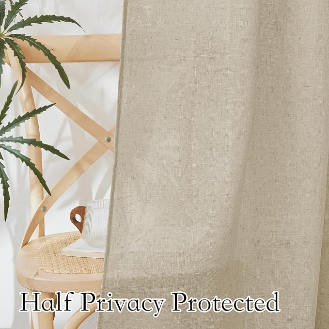 RYB HOME Linen Look Sheer Curtains 70 inch Wide, Privacy Light Filtering Panels Elegant Home Decoration Airy Window Treatment for Sun Room Beach Pool House, Beige, W 70 x L 108 inch Long, 1 Pair