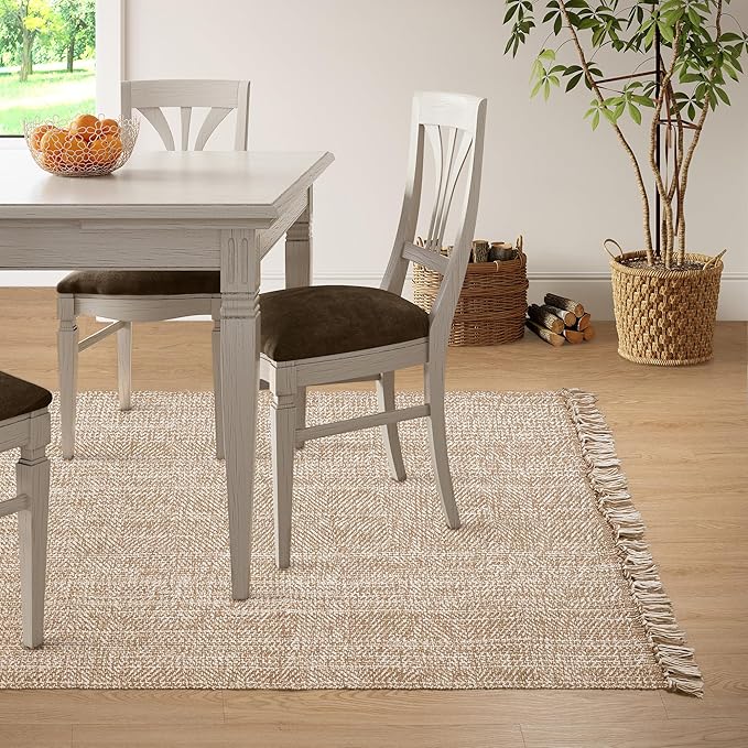 Collive Comfy Area Rug 4' x 6', Tan/Cream Woven Cotton Bedroom Rugs, Modern Indoor Accent Rug Floor Carpet with Tassel for Living Room, Nursery Room, Dining Room, Bedside, Office, Patio Decor