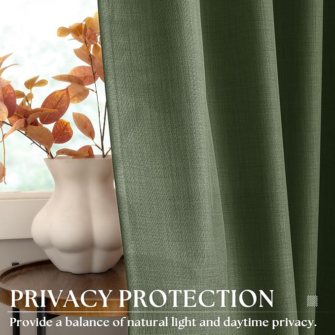Olive Green 120 Inch Curtains for Bedroom Living Room 2 Panels Set Flax Linen Burlap Semi Sheer Privacy Bronze Grommet Elegant Boho Farmhouse Window Curtains Drapes 120 Inches Long Moss Green