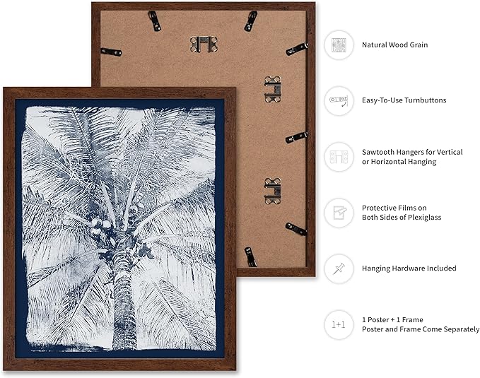 Monem Art Coastal Palm Tree Cyanotype Print - Blue and White Tropical Botanical Art Poster - Wall Decor for Beach House, Bedroom or Living Room - 16x20 Brown Framed Wall Art by Renee Stramel