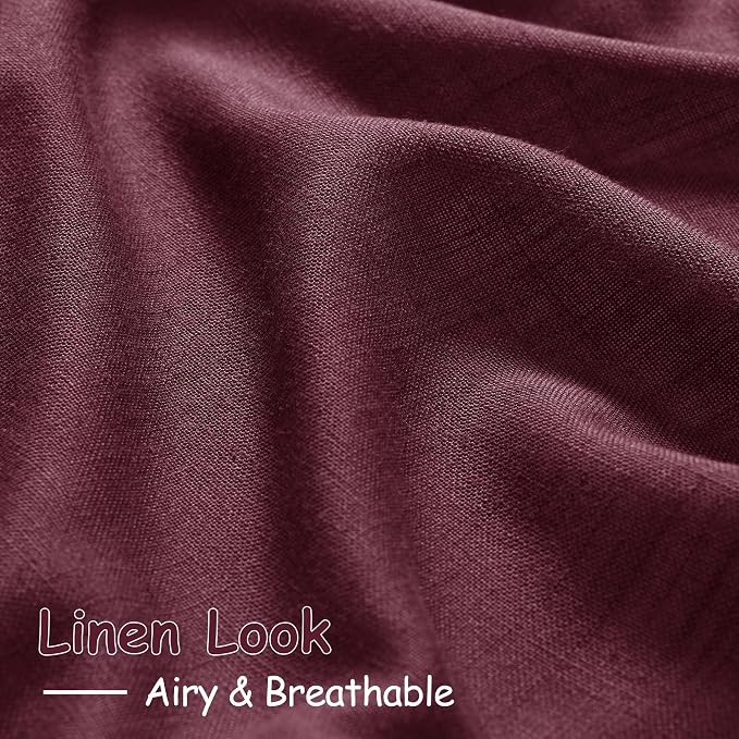 Nanspring Burgundy Linen Curtains Semi Sheer 96 Inches Long 2 Panels Set for Living Room Back Tab Rod Pocket Light Filtering Drape for Bedroom Modern Farmhouse Coastal Decor Protect Privacy 52x96
