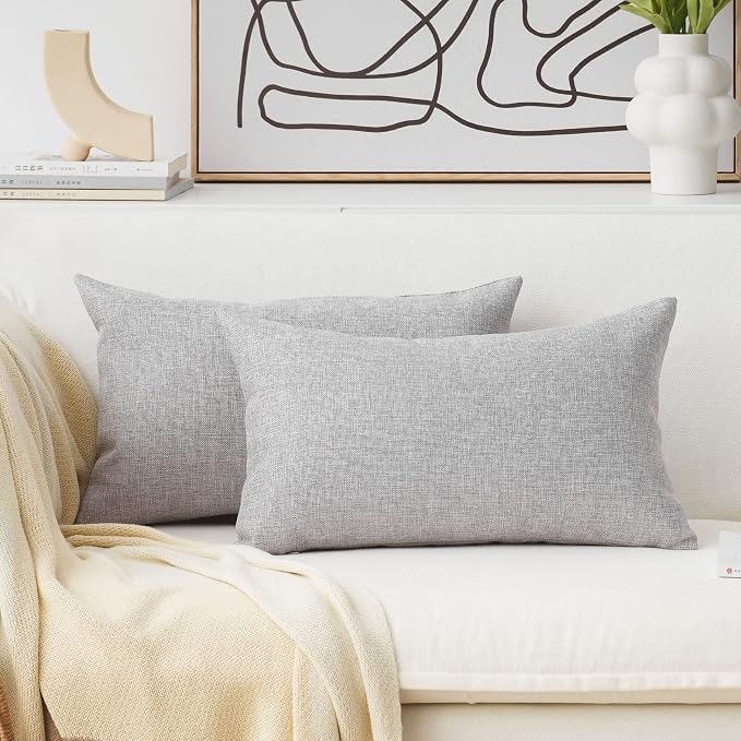 Home Brilliant Lined Burlap Linen Accent Cushion Cover Throw Pillow Case for Couch, 12"x20", Set of 2, Light Grey