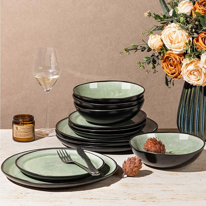 AmorArc Ceramic Dinnerware Sets,Handmade Reactive Glaze Stoneware Plates and Bowls Sets,Highly Scratch Resistant | Dishwasher & Microwave Safe Dishes Set,Service for 4 (12pc)