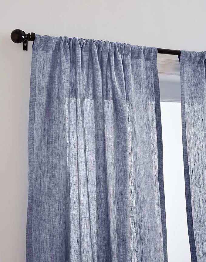 Solino Home European Flax Linen Curtain Chambray Indigo, 52 x 96 Inch Light Filtering Rod Pocket Curtain 96 Inch, 100% Pure Linen Window Treatment for Living Room, Bedroom - 1 Panel