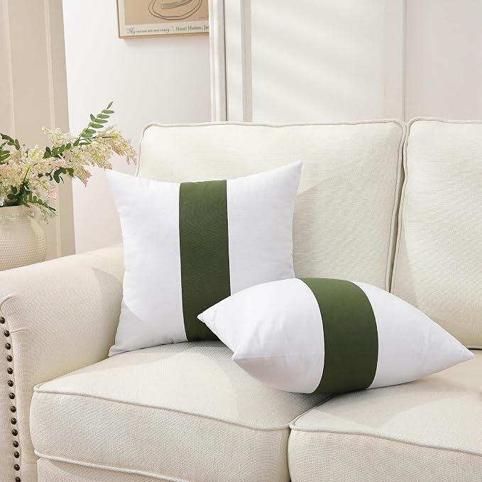 TAOSON Set of 2, 100% Cotton Canvas Patchwork Throw Pillow Covers 20x20 Inch Modern Olive Green Striped Pillow Cushion Covers Farmhouse Decor Pillow Cases for Couch Living Room Bed Sofa Decor