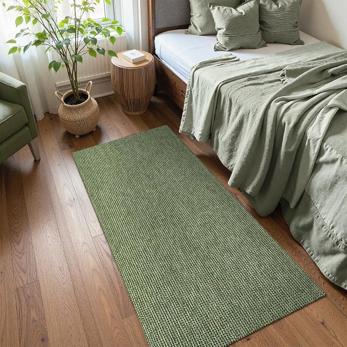 Uphome Kitchen Runner Rug, 2x4'3 Washable Boho Rug Runners for Hallways Non Slip, Low Pile Woven Cotton Modern Carpet Runners, Stain Resistant Bedroom Runner Rug for Hallway Entryway Entrance, Green