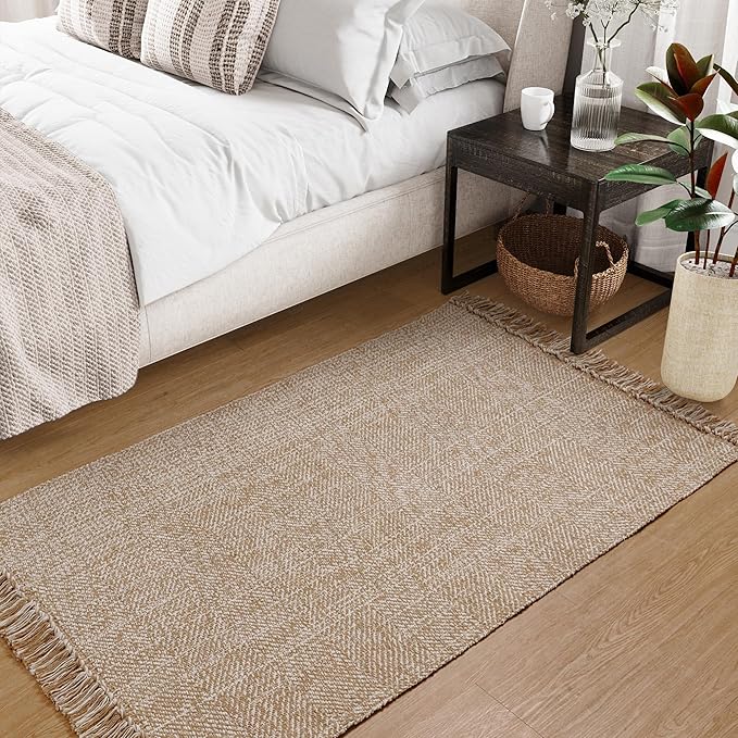 Collive Washable Area Rug 3' x 5', Modern Farmhouse Woven Kitchen Rugs, Tan/Cream Indoor Outddor Mat Braided Throw Carpet for Entryway Bedroom Nursery Laundry Living Room