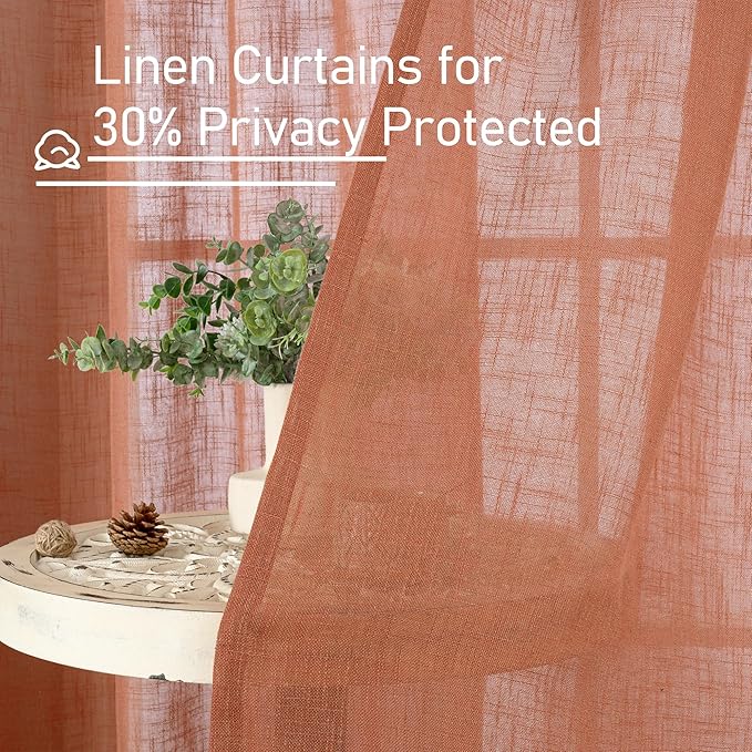 LAMIT Light Filtering Linen Curtains 72 inches Long for Bedroom, Linen Textured Semi Sheer Back Tab and Rod Pocket Boho Drapes for Window/Living Room, Terracotta, 2 Panels, 34 x 72 Inch