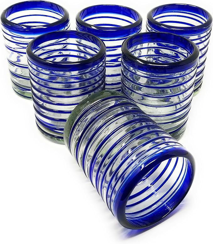 Dos Sueños Hand Blown Mexican Drinking Glasses – Set of 6 Tumbler Glasses with Blue Spiral Design (10 oz each) …