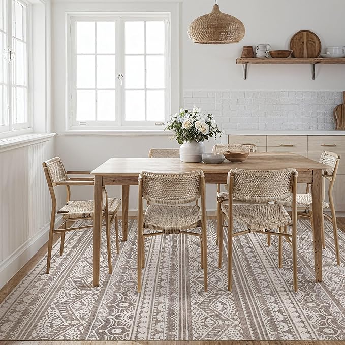 Tortania Area Rug Living Room Rugs - 10x12 Washable Large Soft Neutral Boho Moroccan Bohemian Farmhouse Rug Indoor Floor Carpet for Bedroom Under Dining Table Home Office Decor - Dark Brown