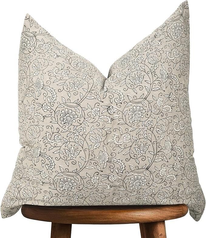Handmade Block Print 100% Thick Cotton 20 x 20 inch Throw Pillow Cushion Cover with Zipper - Pillowcase for Bedroom, livingroom, Couch, Sofa, Outdoor, Chair, Bed, Home Décor-Lina (Beige)