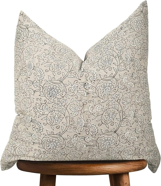 Handmade Block Print 100% Thick Cotton 20 x 20 inch Throw Pillow Cushion Cover with Zipper - Pillowcase for Bedroom, livingroom, Couch, Sofa, Outdoor, Chair, Bed, Home Décor-Lina (Beige)